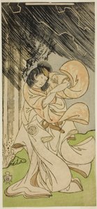 Skådespelaren Yamashita Kinsaku II som en åskgudinna i pjäsen Onna Narukami, framförd på Morita Theatre under den första månaden, 1770 av Katsukawa Shunsho
