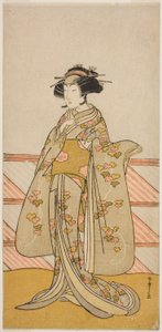Skådespelaren Yoshizawa Iroha I som Tamamo no Mae (?) i pjäsen Sakuya Kono Hana no Kaomise (?), framförd på Nakamura Theatre (?) under elfte månaden, 1776 (?) av Katsukawa Shunsho
