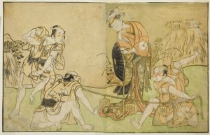 Skådespelarna Bando Zenji I som Nagahashi Saburo, Iwai Hanshiro IV som Otatsu-gitsune, Nakamura Konozo som Hagai Ujitsune och en oidentifierad skådespelare (höger till vänster), i pjäsen Nue no Mori Ichiyo no Mato, framförd på Nakamura Theatre i Elfte måna av Katsukawa Shunsho