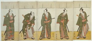 Skådespelarna Ichikawa Monnosuke II som Karigane Bunshichi, Bando Mitsugoro I som An no Heibei, Ichikawa Danjuro V som Gokuin Sen