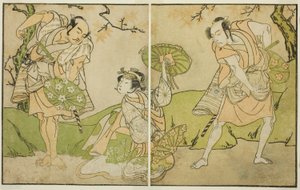 Skådespelarna Ichikawa Somegoro (höger), Segawa Kikunojo II (mitten) och Bando Sampachi (vänster), i oidentifierade roller i pjäsen Myoto-giku Izu no Kisewata, framförd på Ichimura-teatern under den elfte månaden, 1770 av Katsukawa Shunsho