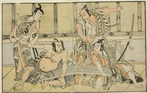 Skådespelarna Ichikawa Yaozo II som Kujaku no Saburo, Matsumoto Koshiro II som Hata no Daizen Taketora, Nakajima Mihoemon II som Aramaki Mimishiro och Nakamura Shocho I som Ki no Tsurayuki (höger till vänster), i Play Kuni no Hana Ono no Itsumoji, Uppträdd av Katsukawa Shunsho