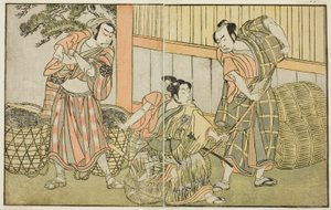 Skådespelarna Kasaya Matakuro II som Hagun Taro (höger), Ichikawa Monnosuke II som Izutsu no Suke Narihira (i mitten) och Nakamura Nakazo I som Kose no Kanaoka förklädd till Sogoro the Charcoal Maker, i pjäsen Kuni no Hana Ono no Itsumoji, framförd vid Nak av Katsukawa Shunsho