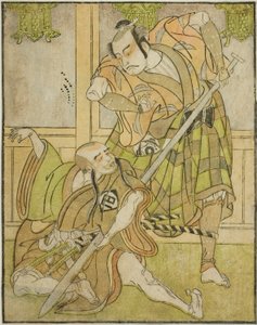 Kasaya Matakuro II som Nobuyori förklädd till Yakko Gunnai (höger) och Miyazaki Hachizo som lekmannamunken Hambyo Nyudo (vänster), i pjäsen Nue no Mori Ichiyo no Mato, uppförd på Nakamura Theatre under elfte månaden, av Katsukawa Shunsho