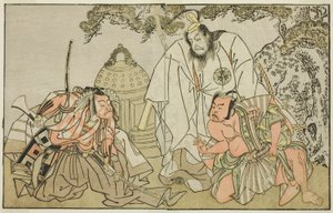 Skådespelarna Nakajima Mihoemon II som Aramaki Mimishiro (höger), Matsumoto Koshiro II som Otomo no Yamanushi (mitten) och Ichikawa Danzo III som Hannya no Goro (vänster), i pjäsen Kuni no Hana Ono no Itsumoji, framförd på Nakamura Theatre i den elfte av Katsukawa Shunsho