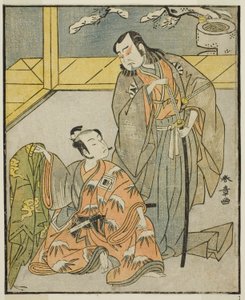 Skådespelarna Nakamura Denkuro II som Suma no Dairyo (höger) och Ichikawa Komazo II som Ariwara no Yukihira (vänster), i pjäsen Kuni no Hana Ono no Itsumoji, framförd på Nakamura Theatre i den elfte månaden, 1771 av Katsukawa Shunsho