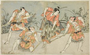 Skådespelarna Nakamura Kashiwagi som en Wakashu (andra från höger) och tre oidentifierade skådespelare som Yakko av Katsukawa Shunsho