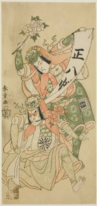 Skådespelarna Nakamura Nakazo I och Ichikawa Komazo I i dansscenen "Shakkyo" ("Stenbron") i pjäsen "Ima o Sakari Suehiro Genji" ("The Genji Clan Now at its Zenith"), uppförd på Nakamura Theatre från den första dagen i elfte månaden, av Katsukawa Shunsho