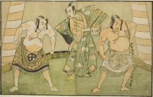 Skådespelarna Nakamura Sukegoro II som Matano no Goro (höger), Onoe Kikugoro I som Soga no Taro (mitten) och Otani Hiroji III som Kawazu no Saburo (vänster), i pjäsen Myoto-giku Izu no Kisewata, framförd på Ichimura Teater i elfte månaden, 1770 av Katsukawa Shunsho