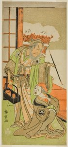 Pjäsen Kawaranu Hanasakae Hachi No Ki, som spelades på Nakamura Theatre under elfte månaden, av Katsukawa Shunsho
