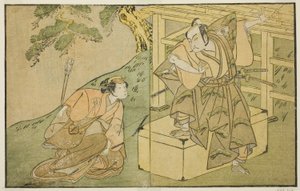 Skådespelarna Onoe Matsusuke I som Akaboshi Taro (höger) och Azuma Tozo II som Shirotae (vänster), i pjäsen Kono Hana Yotsugi no Hachi no Ki, framförd på Ichimura-teatern under den elfte månaden, 1771 av Katsukawa Shunsho