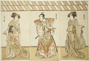 Skådespelarna Onoe Tamizo I som Nishikigi (?) eller Otae (?) (höger), Ichikawa Danjuro V som Miura Heidayu Kunitae (?) (mitten) och Osagawa Tsuneyo II som Oyuki (?) (vänster), i Play Date Nishiki Tsui no Yumitori (?), framförd på Morita Theatre (?) i E av Katsukawa Shunsho