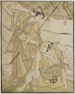 Skådespelarna Otani Tomoemon I som Emohei (höger) och Sanogawa Ichimatsu II som Sanada Yoichi (vänster), i pjäsen Myoto-giku Izu no Kisewata, framförd på Ichimura-teatern under den elfte månaden, 1770 av Katsukawa Shunsho