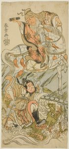 Skådespelarna Sawamura Sojuro II som den kinesiske vismannen Huangshi Gong (till häst) och Ichikawa Danzo III som den kinesiske krigaren Zhang Liang (monterad på en drake), i finalen av pjäsen Otokoyama Yunzei Kurabe (På Mt. Otoko, en rättegång av styrka i av Katsukawa Shunsho