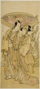 Skådespelarna Segawa Kikunojo III (höger) som Ochiyo, och Bando Mitsugoro I (vänster) som grönsakshandlaren Hambei, i pjäsen Kabuki no Hana Bandai Soga, framförd på Ichimura-teatern den fjärde månaden, 1781 av Katsukawa Shunsho