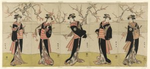 Skådespelarna Segawa Kikunojo III som Karigane Obun, Nakayama Tomisaburo I som An no Oyasu, Iwai Kiyotaro II som Kaminari no Osha, Nakayama Tatezo I som Gokuin no Osen och Ichikawa Monnosuke II som Hotei no Oichi (höger till vänster), i "Gonin" Onna," Scen av Katsukawa Shunsho