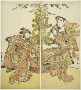 Skådespelarna Segawa Kikunojo III som Yasukata (höger) och Iwai Hanshiro IV som Utou (vänster) i pjäsen Godai Genji Mitsugi no Furisode, framförd på Nakamura Theatre i den elfte månaden, 1782 av Katsukawa Shunsho