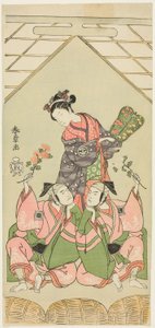 Skådespelarna Segawa Kikunojo II som den våta sjuksköterskan Reizei, Ichikawa Komazo I som Suruga no Hachiro i skepnad av Shamisen Player Kichiroku (höger), och Ichikawa Yaozo II som Tada no Kurando i skepnad av Palanquin-bäraren Kichinai (vänster), i scen av Katsukawa Shunsho