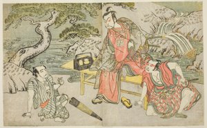 Skådespelarna Tomizawa Hanzaburo II som Nagoya Sanzaemon (ofta kallad Sanza) (höger), Nakamura Juzo II som Fuwa Banzaemon (mitten), och en oidentifierad skådespelare som ficktjuven Matsumoto Daishichi (vänster), i pjäsen Fuki Kaete Tsukimo Yoshiwara, framf av Katsukawa Shunsho