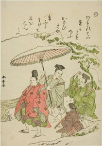 "Tsu": Narihira in the Snow at Ono, från serien "Tales of Ise in Fashionable Brocade Pictures (Furyu nishiki-e Ise monogatari)" av Katsukawa Shunsho