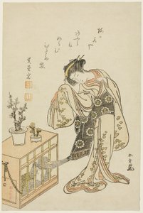 Ung kvinna med en apa i bur (kalendertryck för nyår 1776) av Katsukawa Shunsho