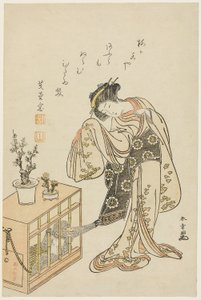 Ung kvinna med apa i bur (kalendertryck för nyåret 1776) av Katsukawa Shunsho