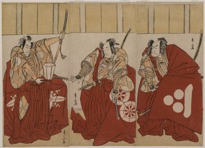 Ichikawa Monnosuke II som Urabe Suetake, Onoe Matsusuke I som Usui Sadamitsu och Nakamura Nakazo I som Watanabe no Tsuna i The Four Heavenly Kings Costumed as the Night Watch