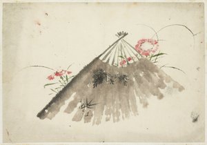 Kasserad fläkt bland rosa av Katsushika (school of) Hokusai