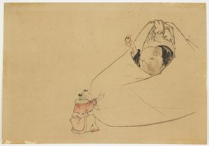 Hotei erbjuder en flammande juvel till en liten pojke, c.1850 (bläck och färg på papper)