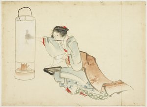 Lady Adjusting a Lamp, ca 1815-1849 (bläck och färg på papper) av Katsushika (school of) Hokusai