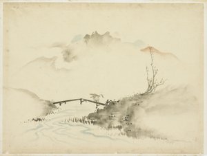 Landskap med Farmer Crossing Bridge, 1615-1868 (bläck och färg på papper) av Katsushika (school of) Hokusai