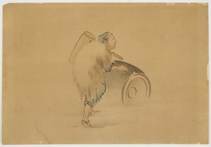 Man with Mallet Rolling Barrel, ca 1850 (bläck och färg på papper)