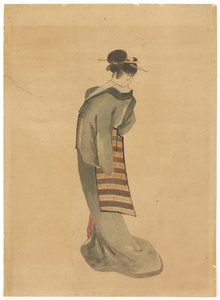 Standing Beauty (bakifrån), c.1850 (bläck och färg på papper) av Katsushika (school of) Hokusai