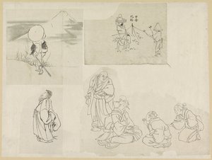 Fyra scener med olika figurer av Katsushika Hokusai (possibly)