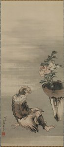 Sittande man som tittar på planterade pioner, Edo-perioden (bläck och färg på papper) av Katsushika Hokusai