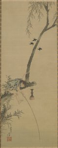 En pojke som fiskar från grenen av ett träd, Edo-period (bläck och nyans på sidenpanel) av Katsushika Hokusai