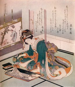 En kvinna som gör en miniatyrmodell av berget Fuji, c1823. av Katsushika Hokusai