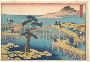 En gammal vy över Yatsuhashi i Mikawa-provinsen (Mikawa no Yatsuhashi no kozu), ur serien ”Anmärkningsvärda vyer över broar i olika provinser” (Shokoku meikyō kiran) av Katsushika Hokusai