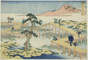 Forntida utsikt över den åtta plankiga bron i Mikawa-provinsen (Mikawa no Yatsuhashi no kozu), från serien "Ovanlig utsikt över kända broar i olika provinser (Shokoku meikyo kiran)" av Katsushika Hokusai