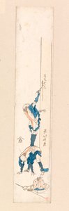 Konstnär som står på ryggen av en man och skriver på en kolumn, ca 1820 (träsnitt i färg) av Katsushika Hokusai