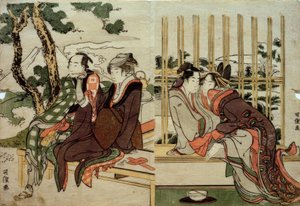 Azuma och Yogoro i den gamla snön. Koman och Yosaku i solnedgången av Katsushika Hokusai
