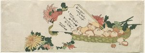 Korg med solfjäder, krysantemum och svamp av Katsushika Hokusai