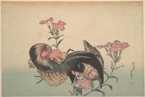 Tupp, höna och nadeshiko (Dianthus superbus) av Katsushika Hokusai