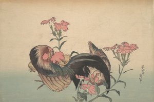 Cock, Hen och Nadeshiko Dianthus Superbus. av Katsushika Hokusai