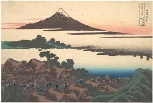 Gryning vid Isawa i provinsen Kai (Kōshū Isawa no akatsuki), ur serien ”De trettiosex vyerna av berget Fuji” (Fugaku sanjūrokkei) av Katsushika Hokusai