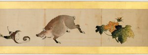 Detalj av Handscroll med diverse bilder, Edo Period, 1839 bläck och färg på papper av Katsushika Hokusai