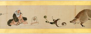 Detalj av Handscroll med diverse bilder, Edo Period, 1839 bläck och färg på papper av Katsushika Hokusai