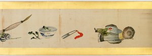 Detalj av Handscroll med diverse bilder, Edo Period, 1839 bläck och färg på papper av Katsushika Hokusai
