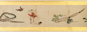 Detalj av Handscroll med diverse bilder, Edo Period, 1839 bläck och färg på papper av Katsushika Hokusai
