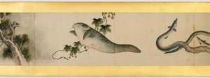 Detalj av Handscroll med diverse bilder, Edo Period, 1839 bläck och färg på papper av Katsushika Hokusai